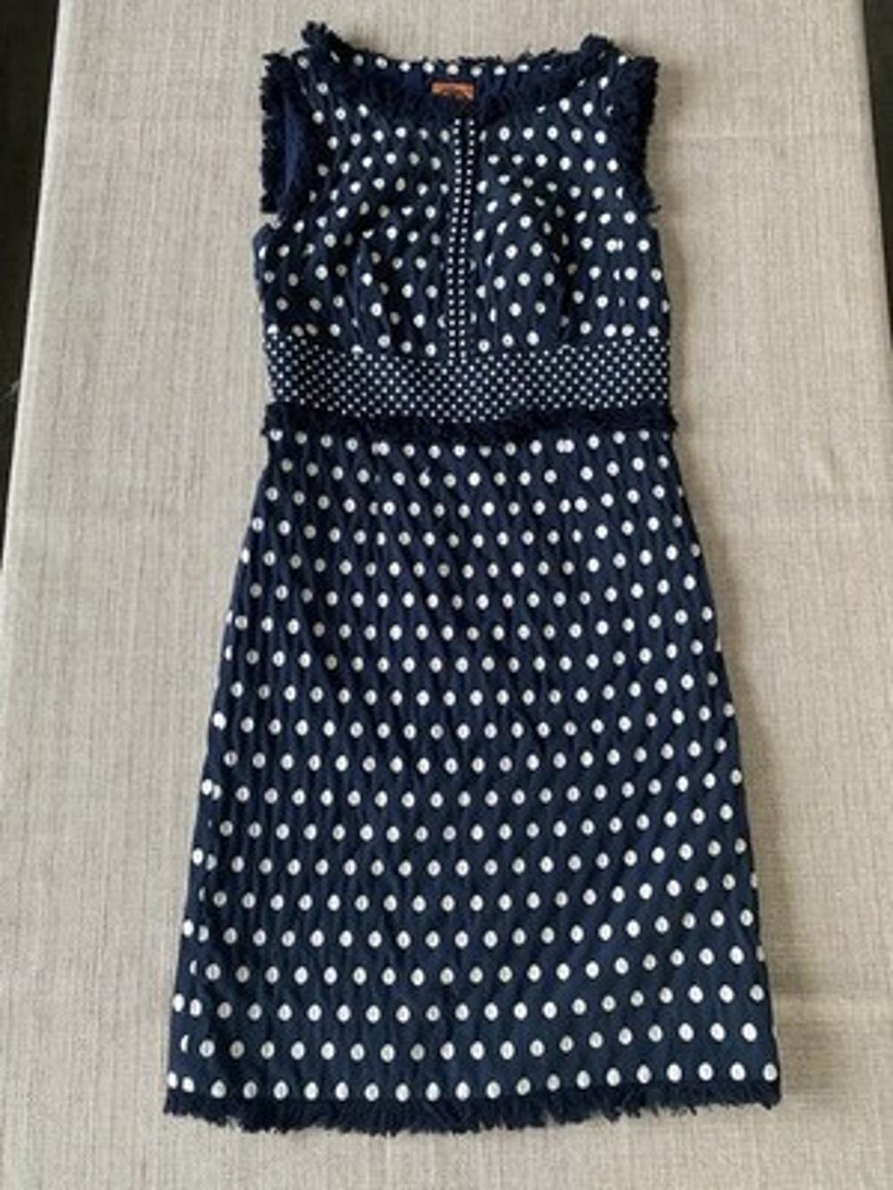 Tory Burch Navy Blue Polka Dot Jacquard Shift Dress Fringe Size 0